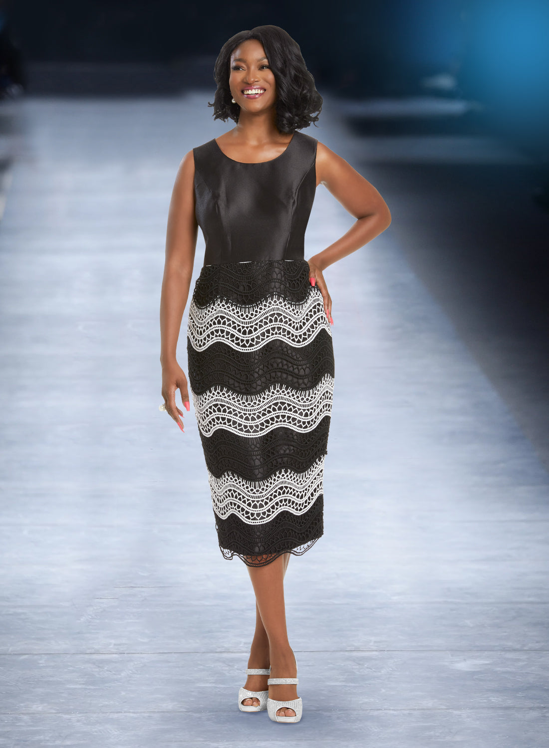 Donna Vinci - 5817 - Black White - Guipure Lace and Pearl 2pc Jacket Dress