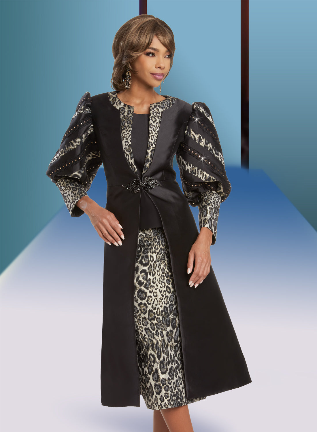 Donna Vinci - 5818 - Black Gold - Animal Print 3pc Skirt Suit