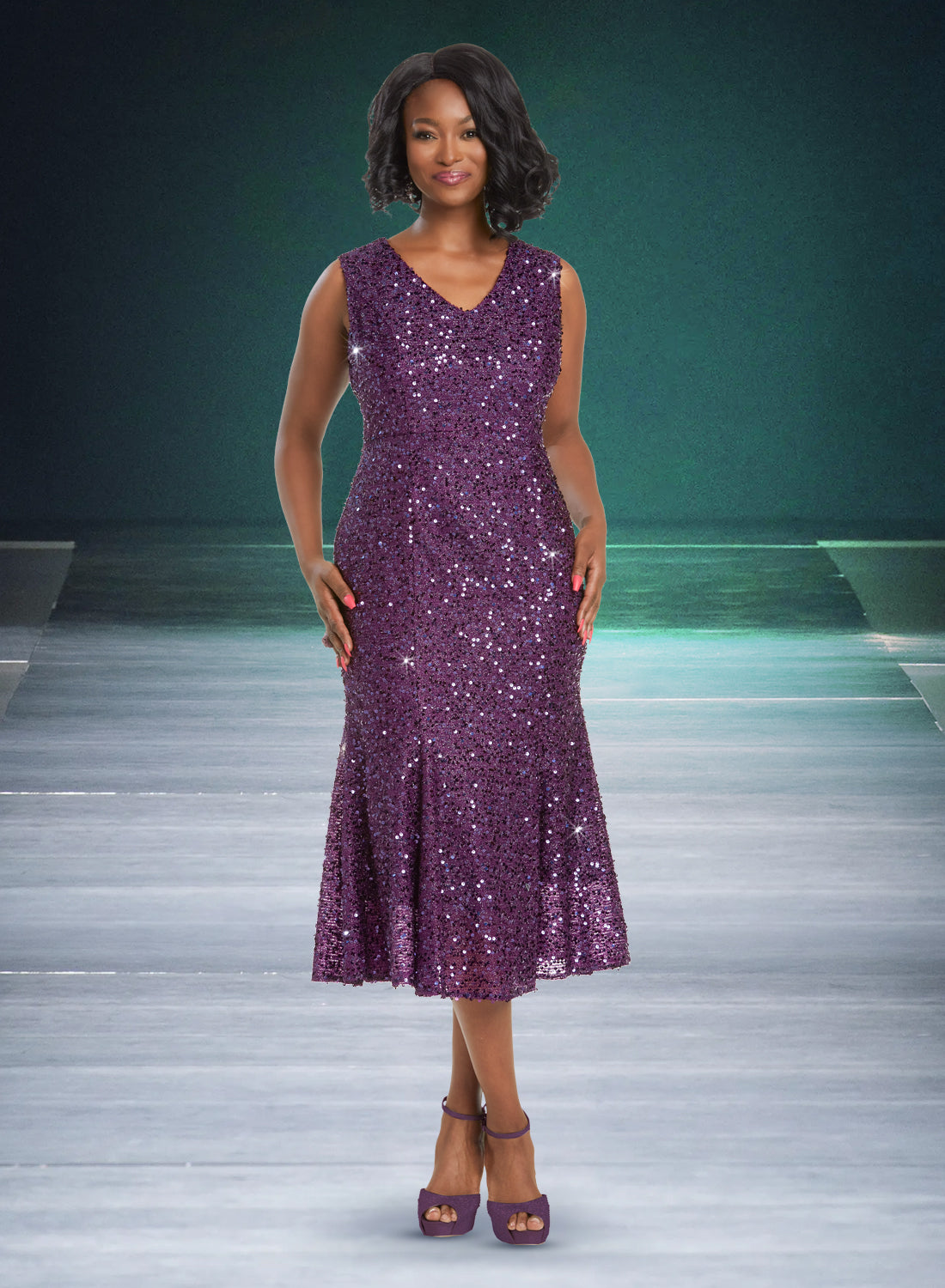 Donna Vinci - 5822 - Purple - Sequin 2pc Jacket Dress with Velvet Trim