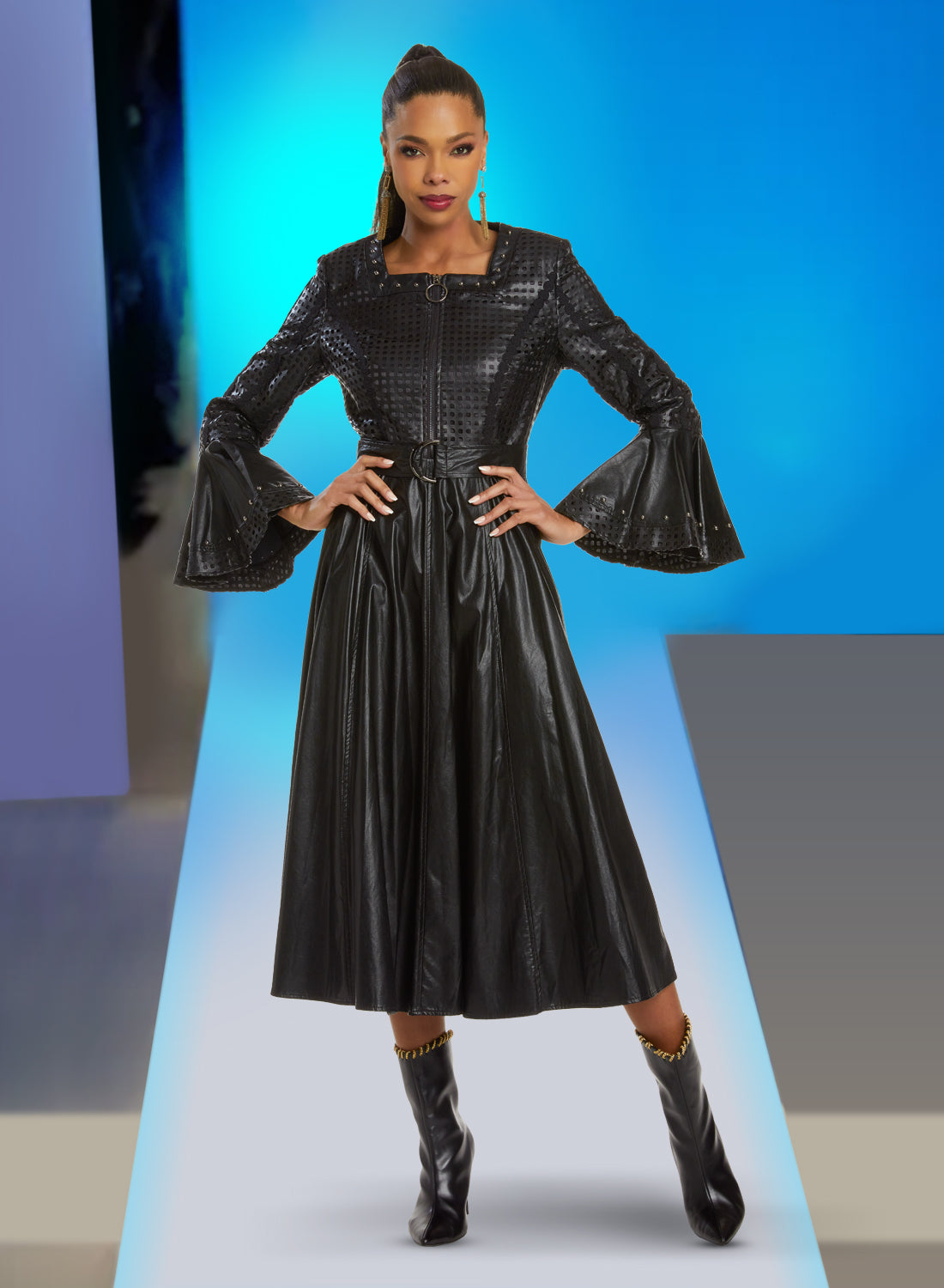 Donna Vinci - 5823 - Black - Laser Cut Faux Leather Dress