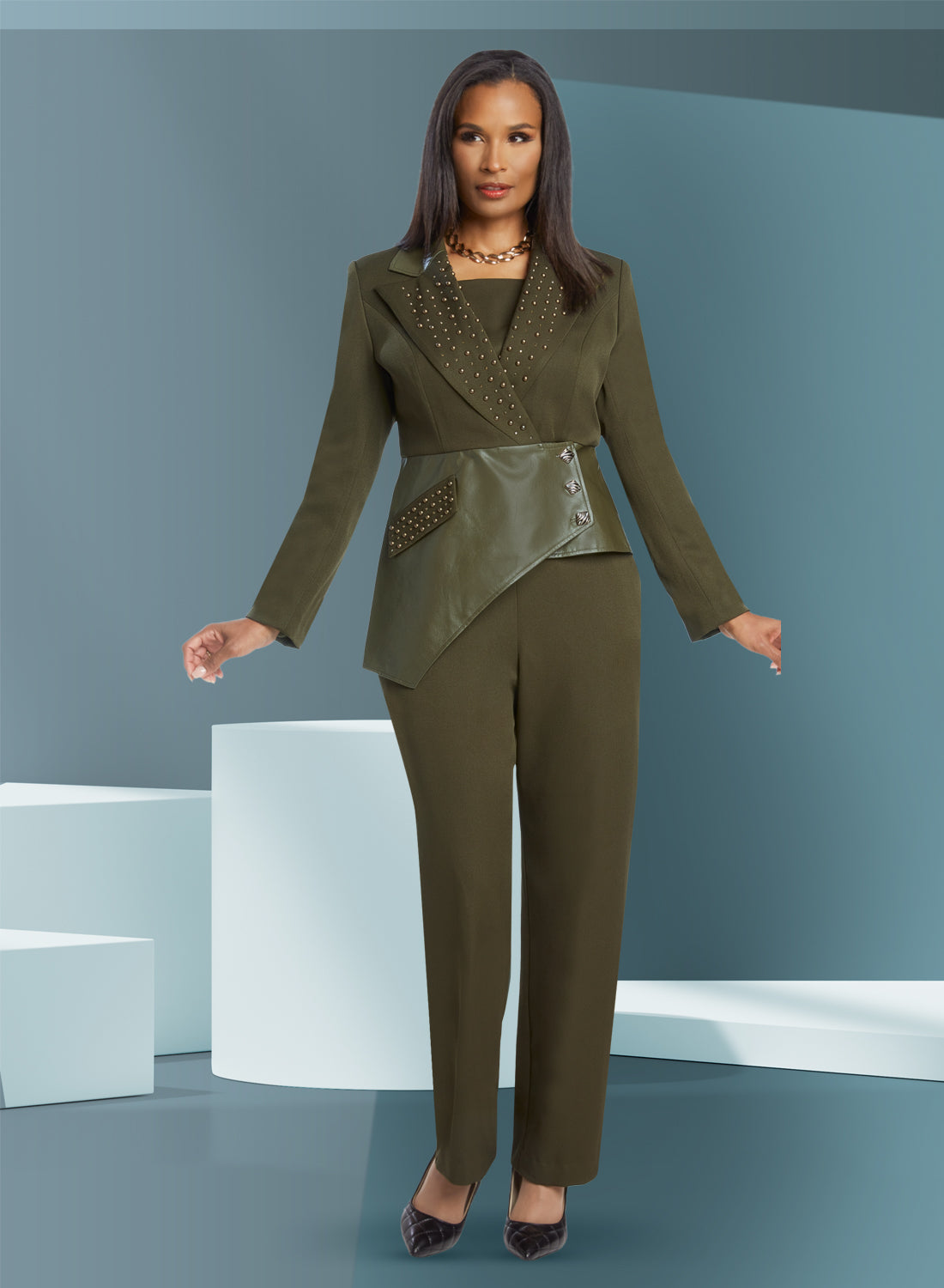 Donna Vinci - 5825 - Olive - Faux Leather Peplum 2pc Pant Suit