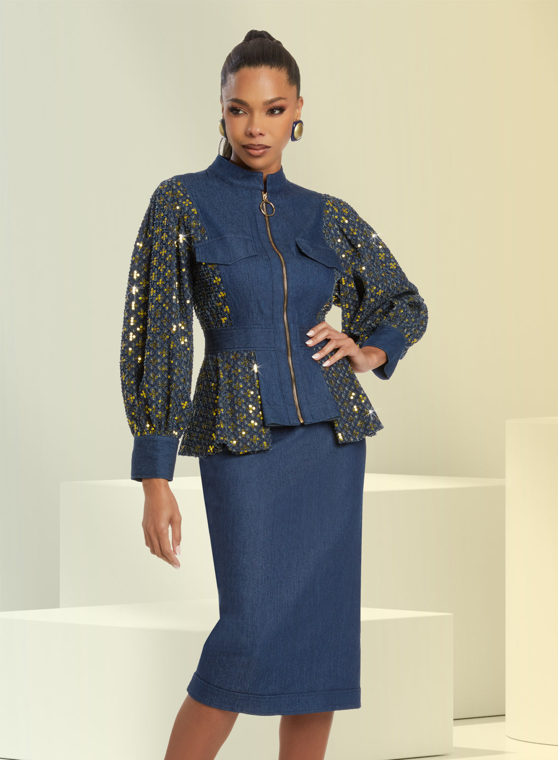 Donna Vinci - 5826 - Blue Denim - Stretch Denim Sequin Trim 2pc Skirt Set