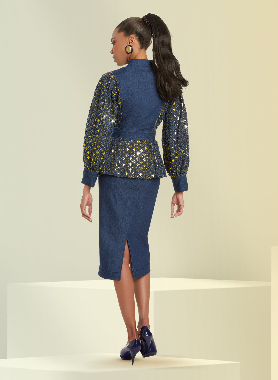 Donna Vinci - 5826 - Blue Denim - Stretch Denim Sequin Trim 2pc Skirt Set