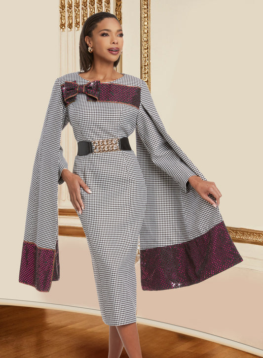 Donna Vinci - 5827 - Black White - Belted Cape Sleeve Print Dress with Contrast Trim