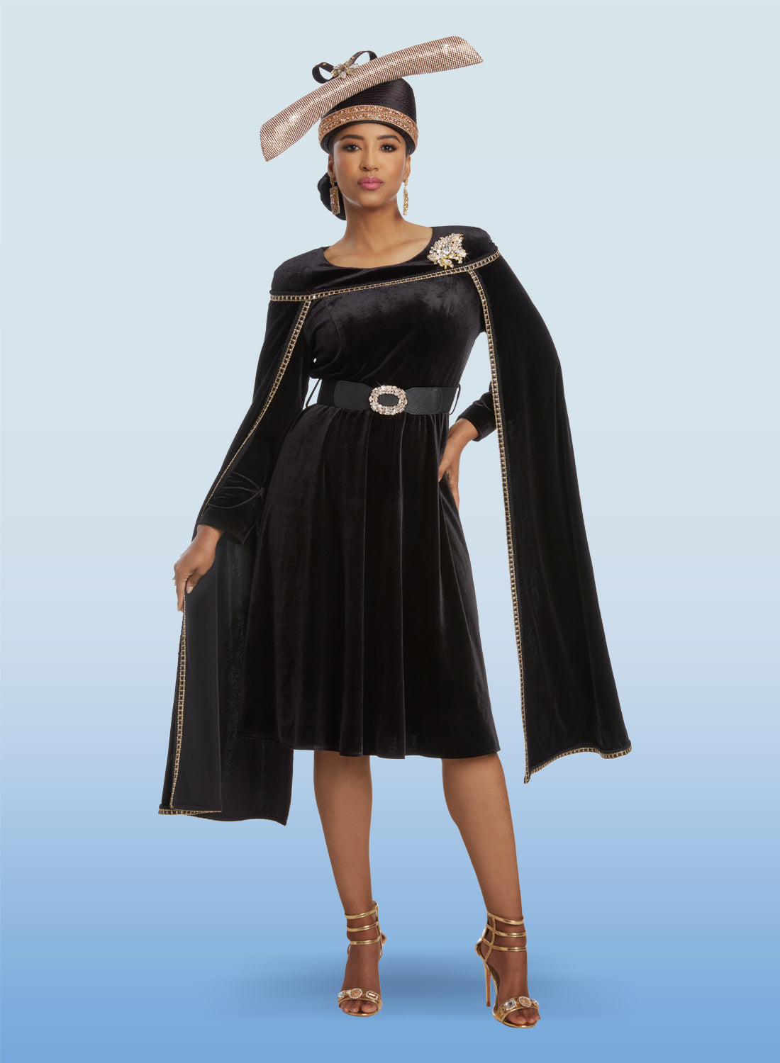 Donna Vinci - 5828 - Black Gold - Belted Velvet Cape Sleeve Dress with Rhinestone Details