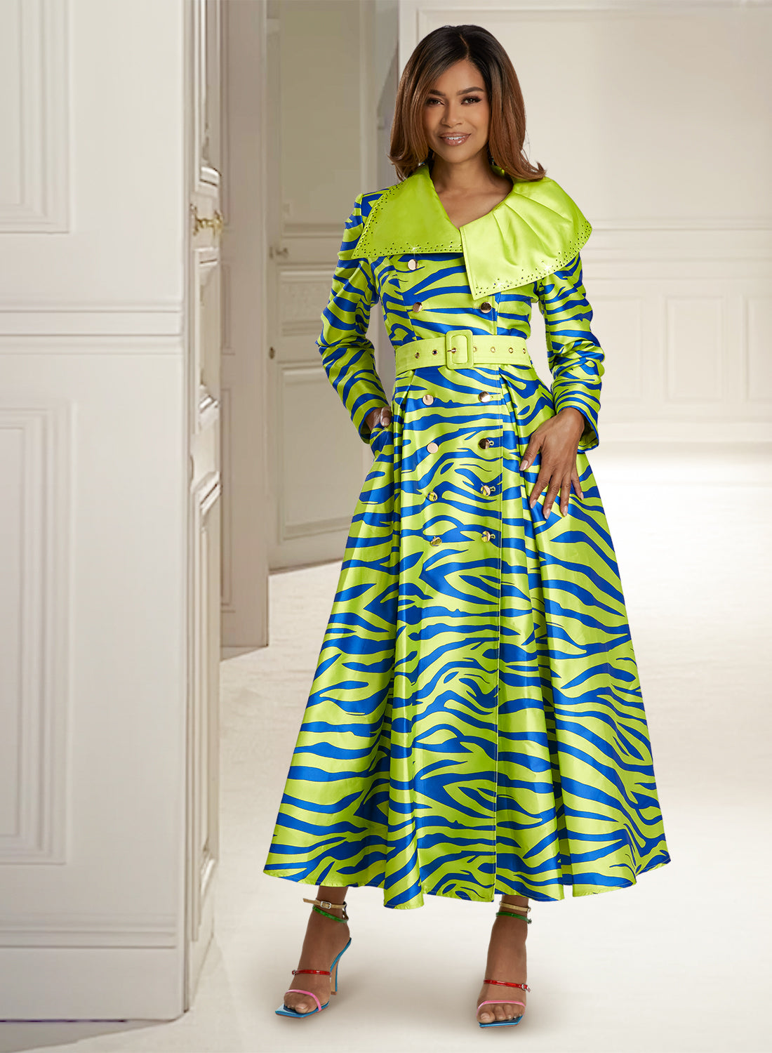 Donna Vinci 5847 - Chartreuse Royal -  Tiger Print Rhinestone Trim Dress with Belt