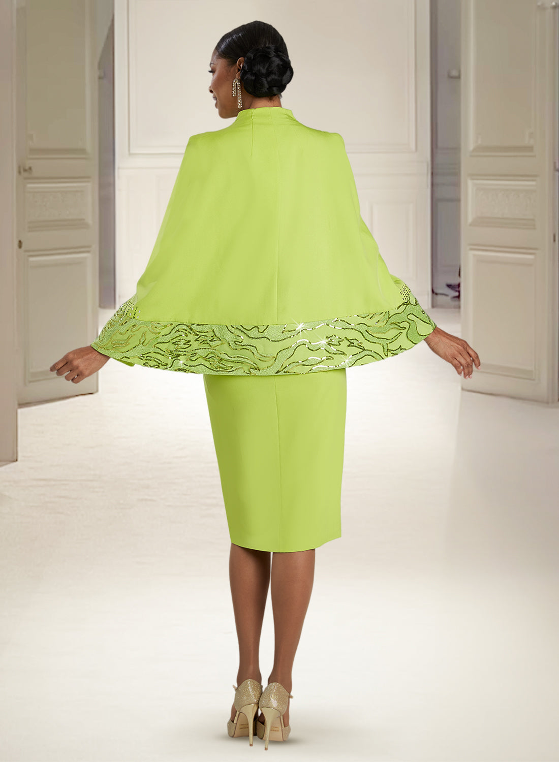 Donna Vinci 5858 - Lime Punch - Peach Skin Sequin Capelet Dress with Belt