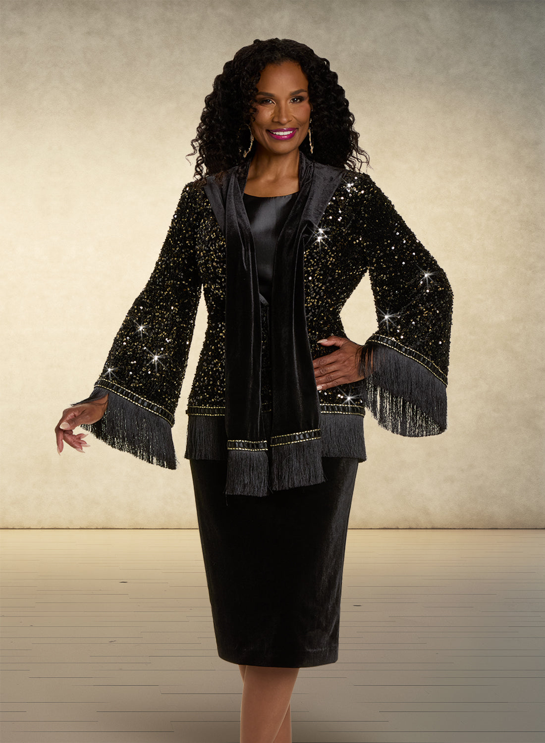 Donna Vinci 5862 - Black - 3 pc Velvet Skirt Suit