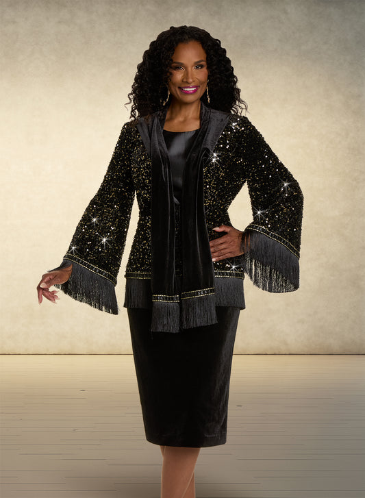 Donna Vinci 5862 - Black - 3 pc Velvet Skirt Suit
