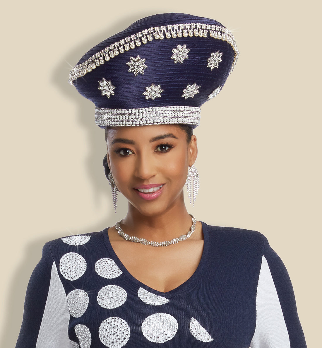 Donna Vinci - 13384 - Navy White - Rhinestone Embellished Dot Jacquard Knit Dress