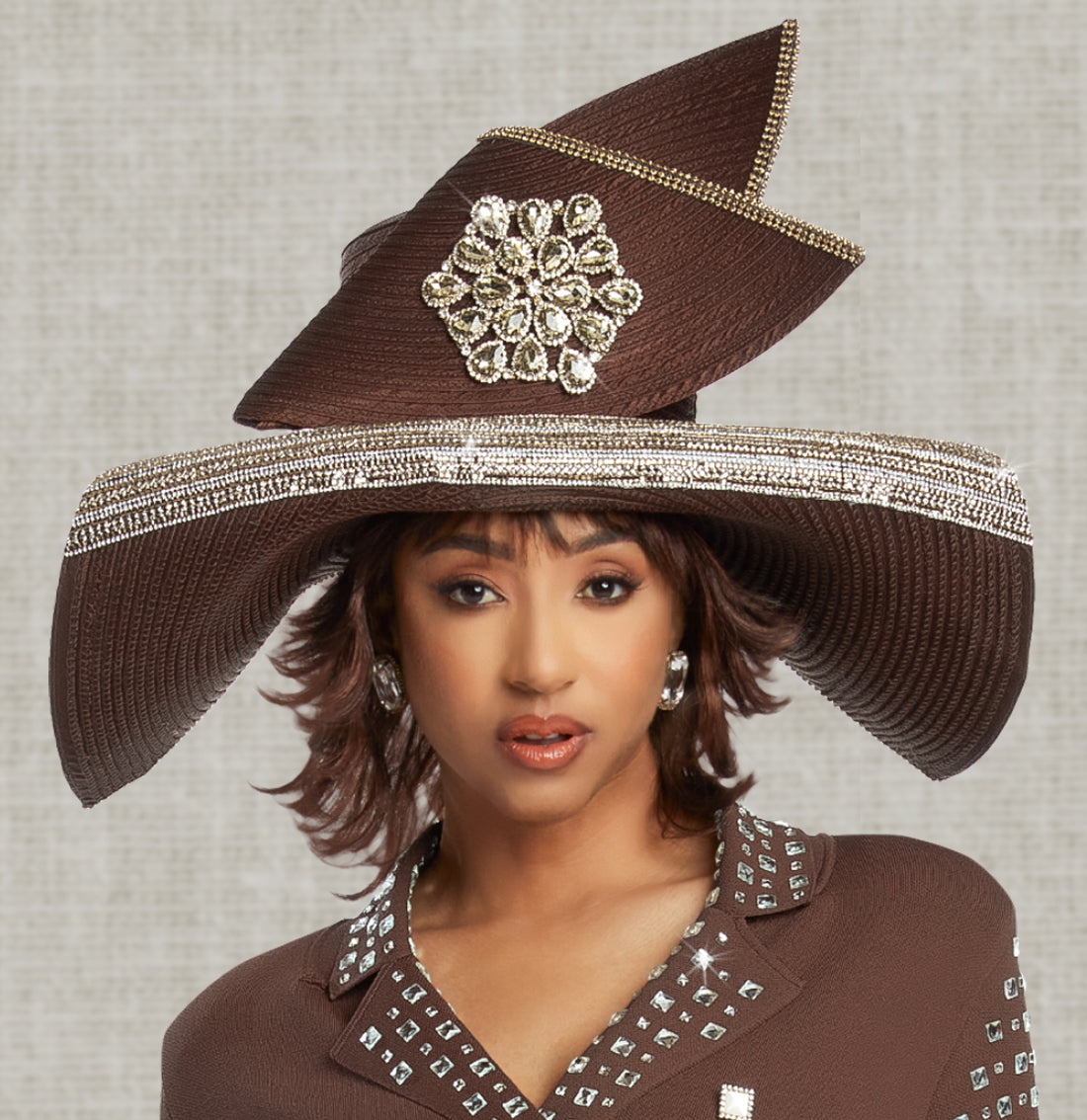 Donna Vinci - 13389 - Brown - Rhinestone Trim Knit 2pc Skirt Suit