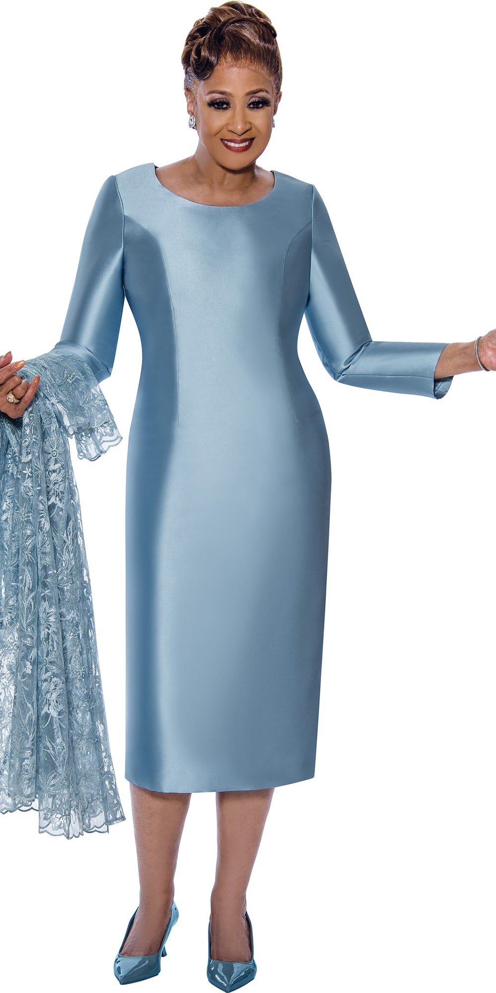 Dorinda Clark Cole 5312 -Blue - Twill Dress with Lace Jacket