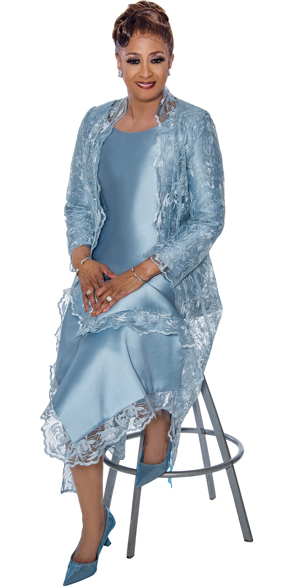Dorinda Clark Cole 5312 -Blue - Twill Dress with Lace Jacket