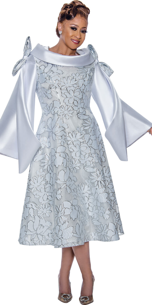 Dorinda Clark Cole 5341 - White Silver - Twill Print Dress with Portrait Collar
