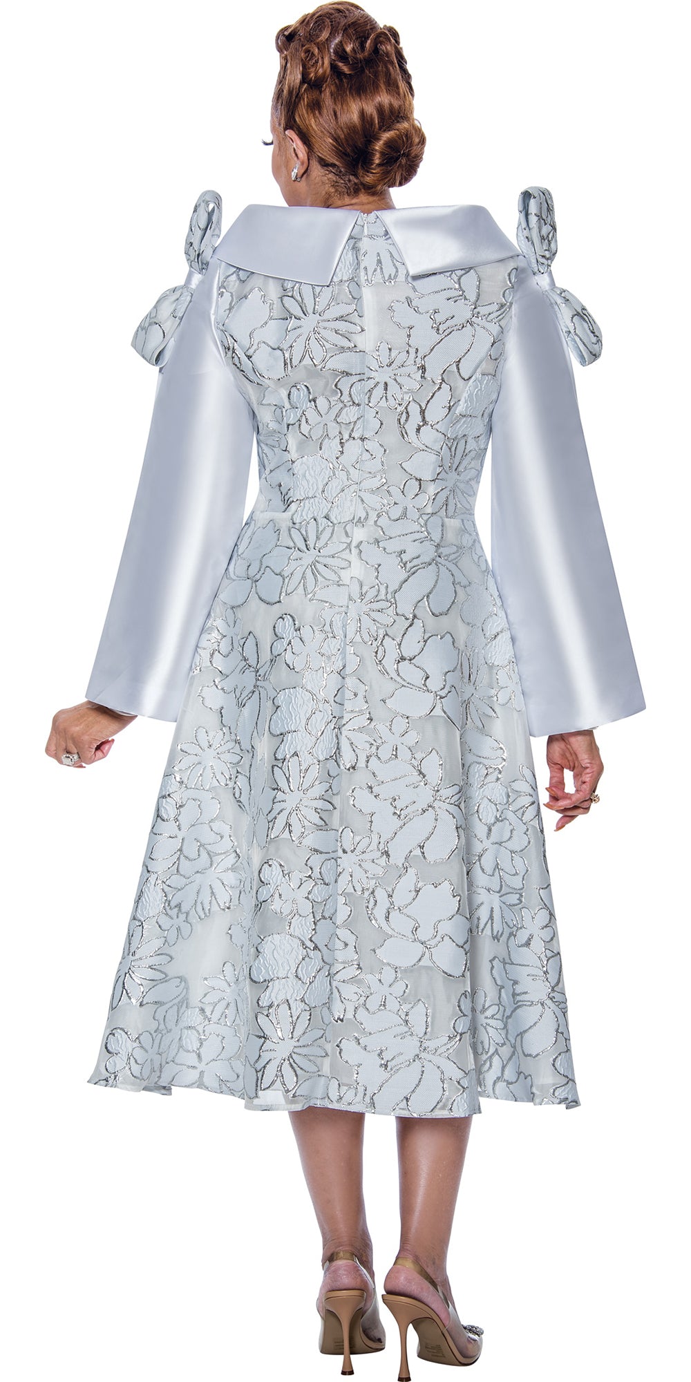 Dorinda Clark Cole 5341 - White Silver - Twill Print Dress with Portrait Collar