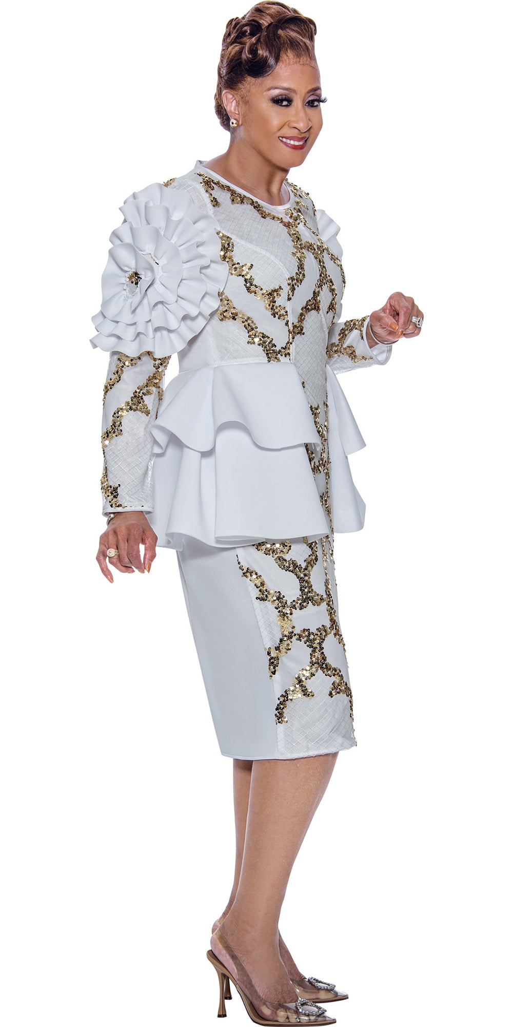 Dorinda Clark Cole 5351 - White Gold - Sequin Embellished Scuba Dress