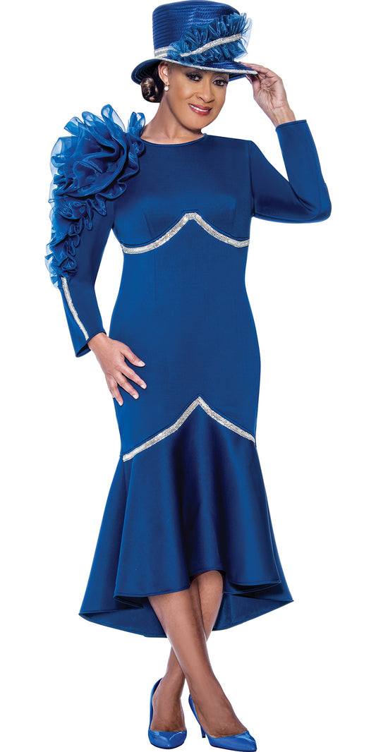 Dorinda Clark Cole 5481 - Royal - Embellished Scuba Dress with Shoulder Ruffle