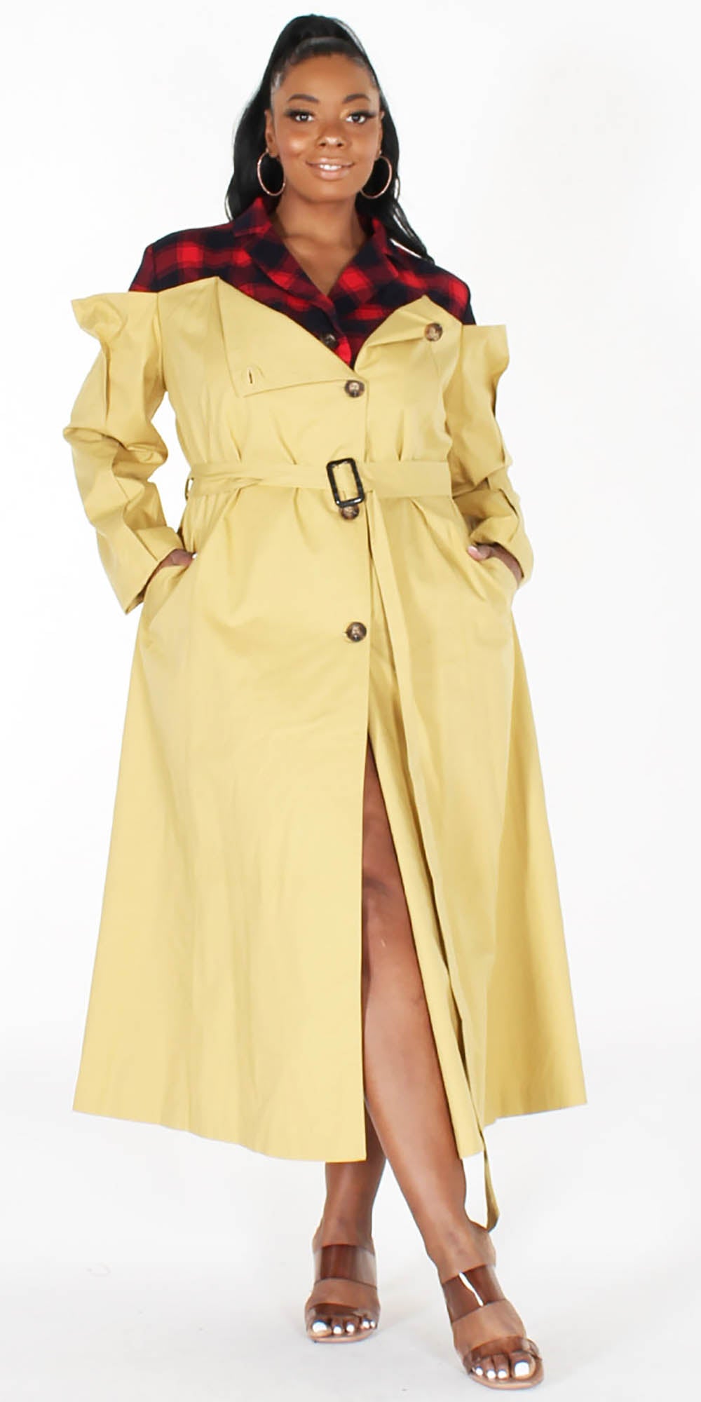 Eien EI1753 Belted - Red Plaid Trim Trench Coat