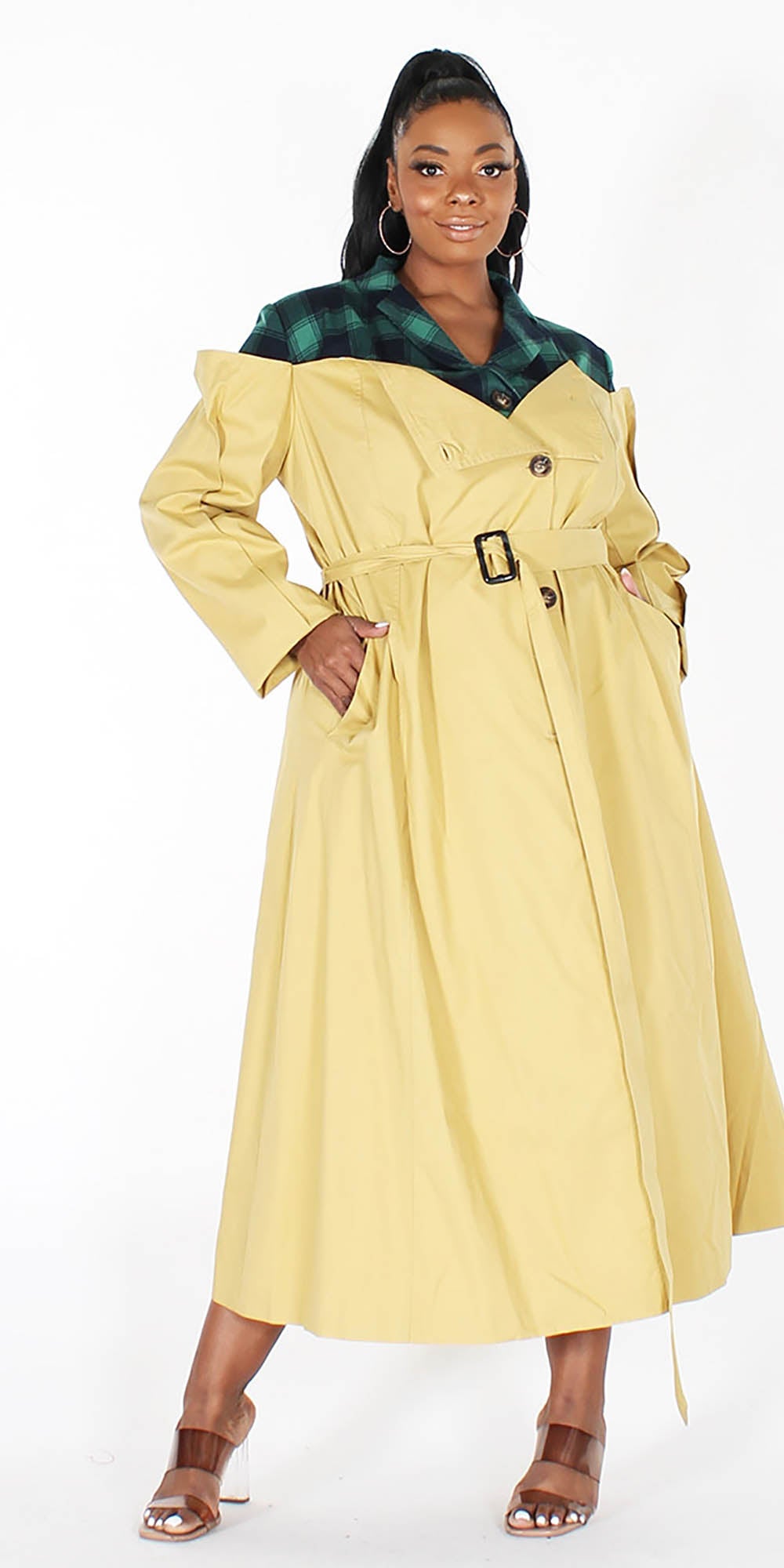 Eien EI1753X Green - Belted Plaid Trim PlusSize Trench Coat
