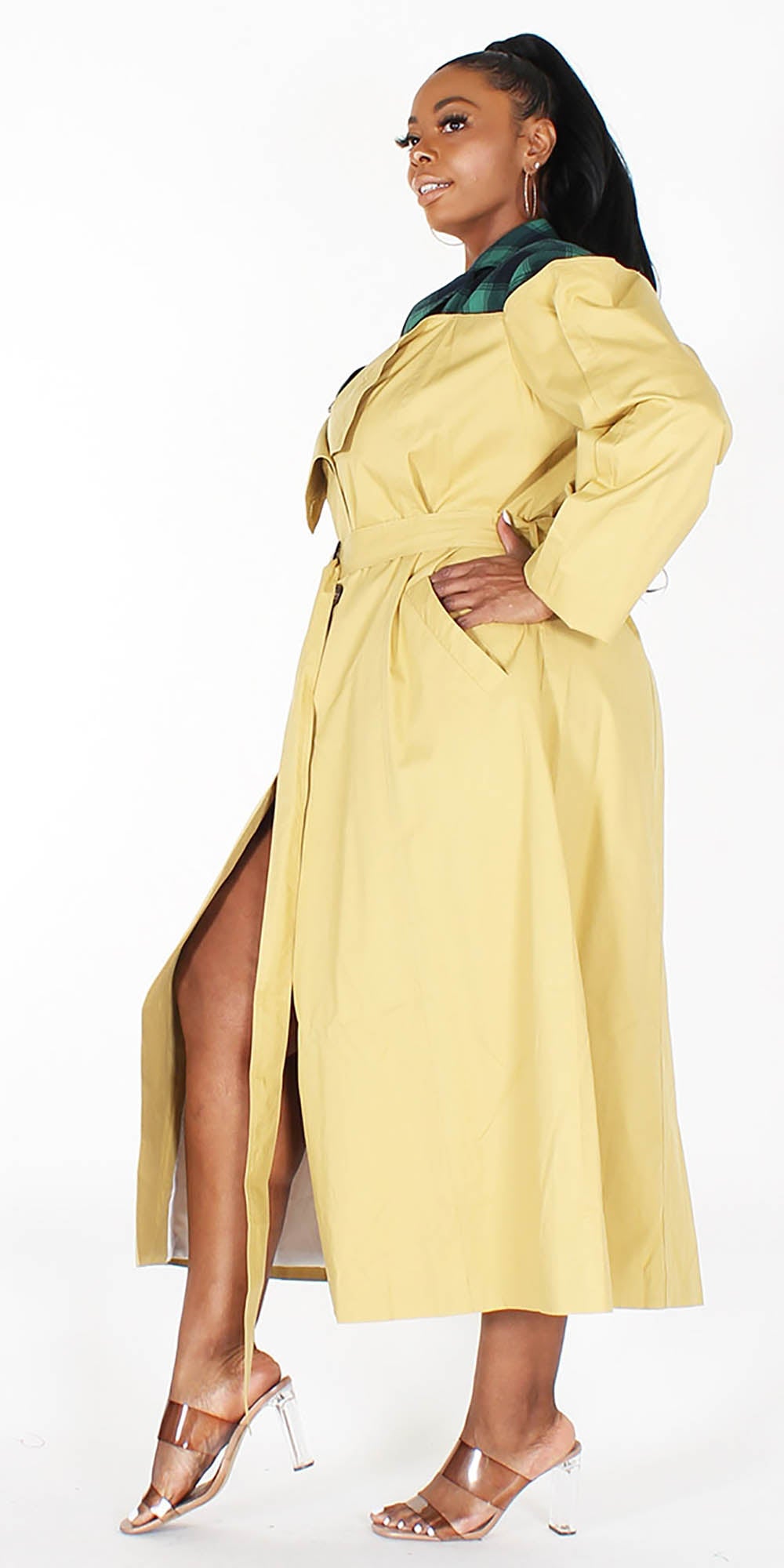 Eien EI1753X Green - Belted Plaid Trim PlusSize Trench Coat