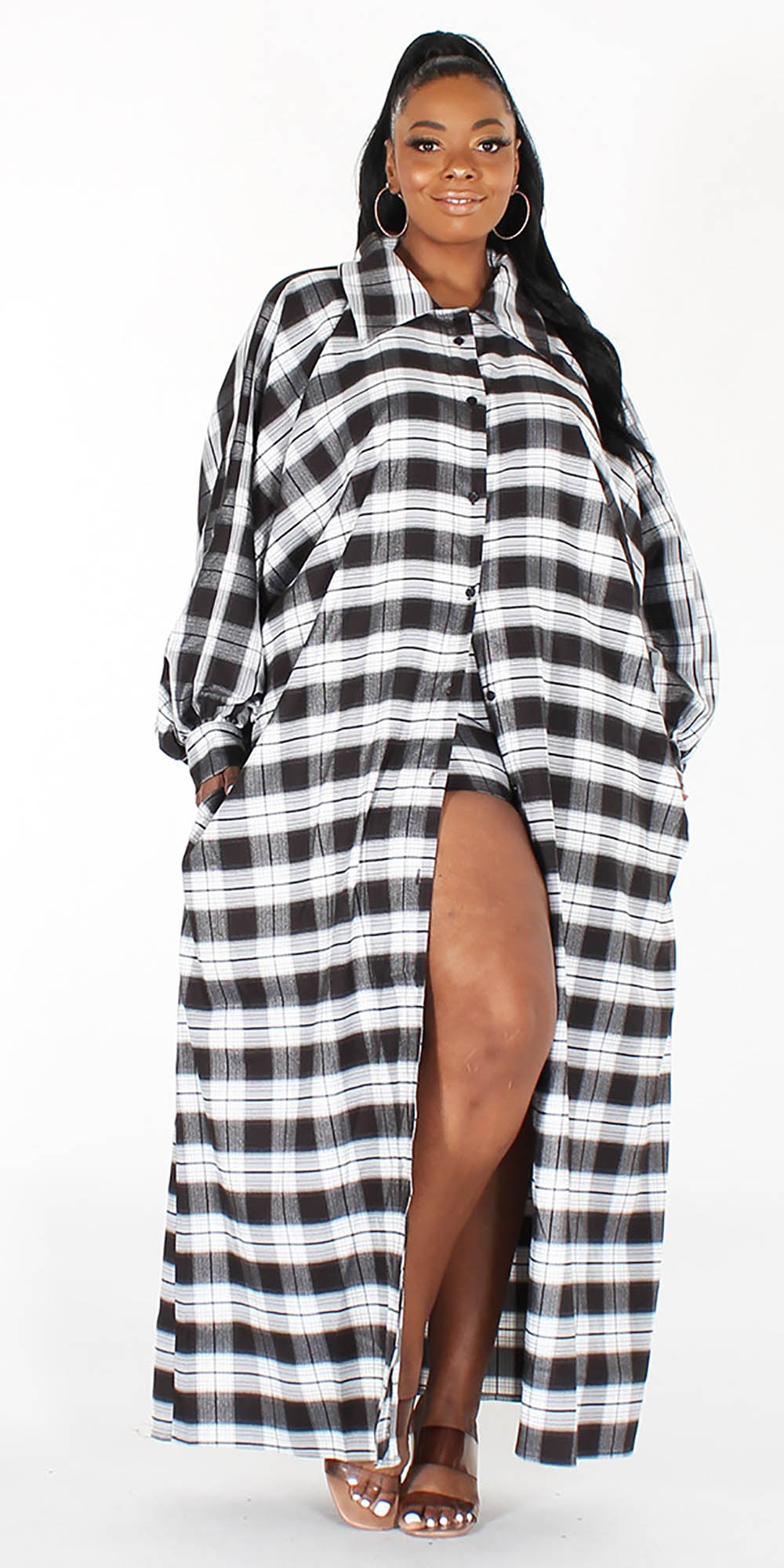 Eien EI1787X - Black White - Plaid Button Front PlusSize 2pc Short Set