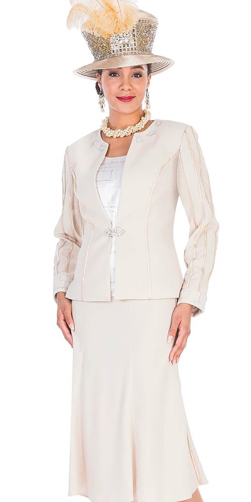 Champagne Elite - 5658 - Beige - Corded Trim Knit 3pc Skirt Suit