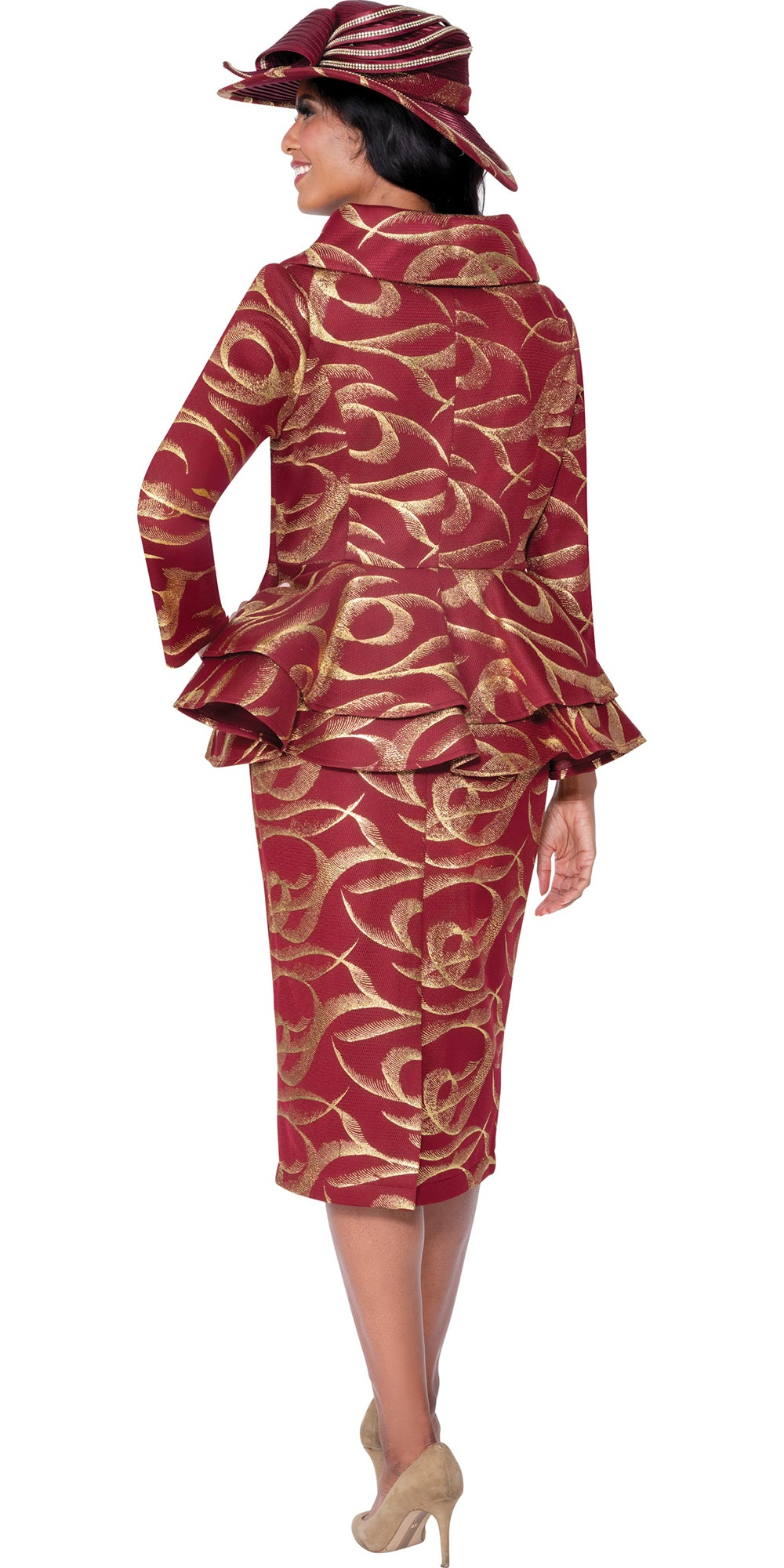 GMI 400632 - Burgundy Gold - Mesh Foil Design Skirt Suit