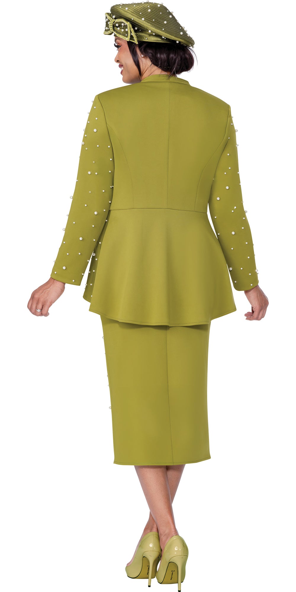 GMI 400663 - Olive - 3 pc Light Scuba Pearl Embellished Skirt Suit