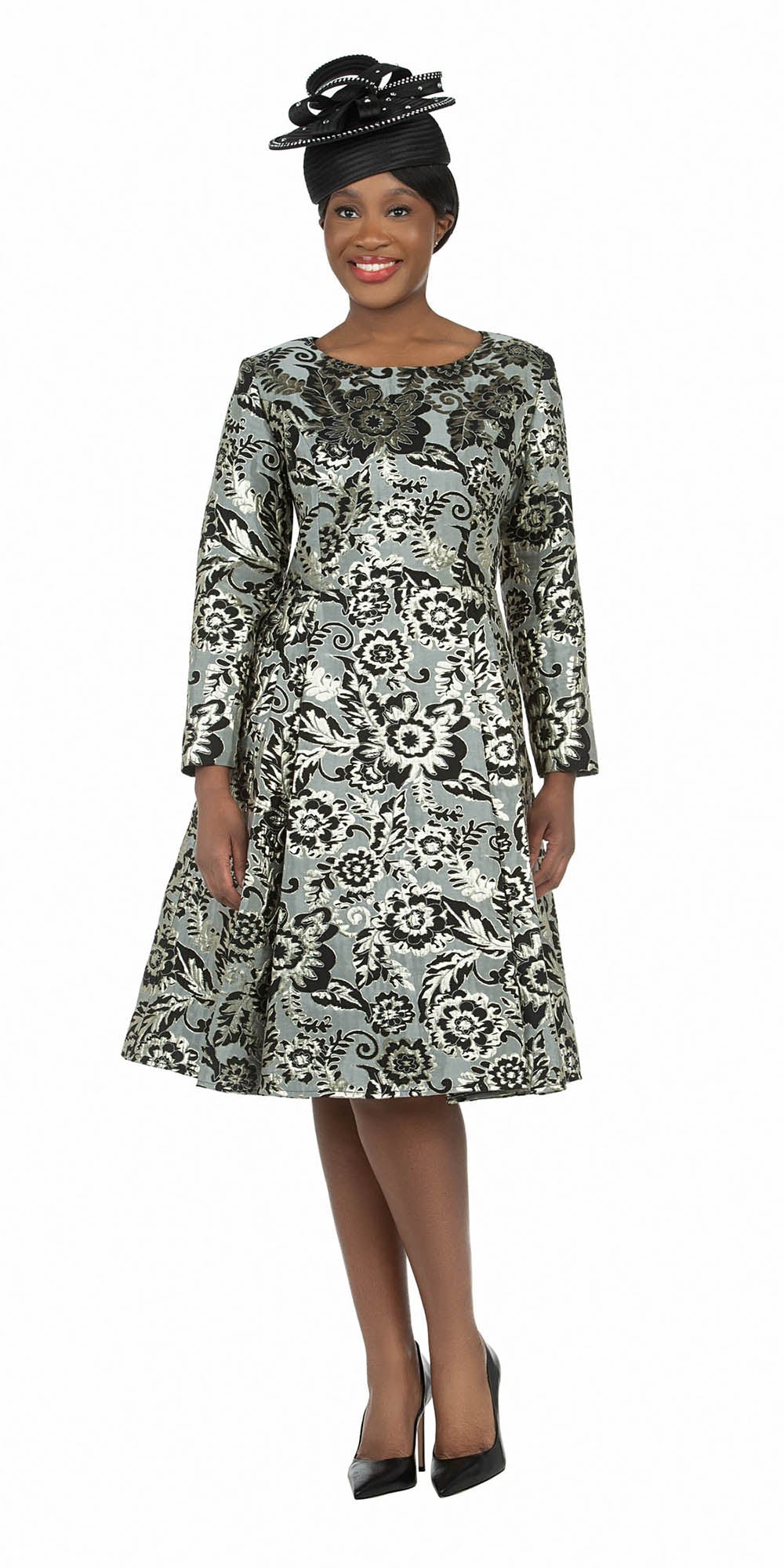 Giovanna D1572 - Black Silver - Cropped Sleeve Brocade Dress