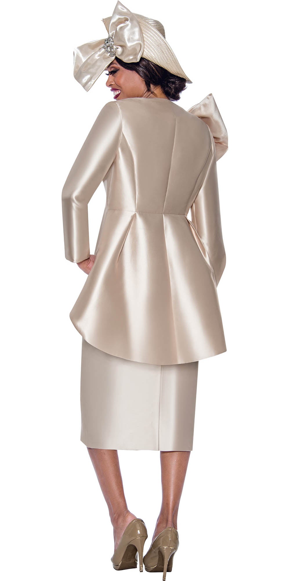 GMI - 10032 - Champagne - 2PC Twill High Low Skirt Suit with Shoulder Bow