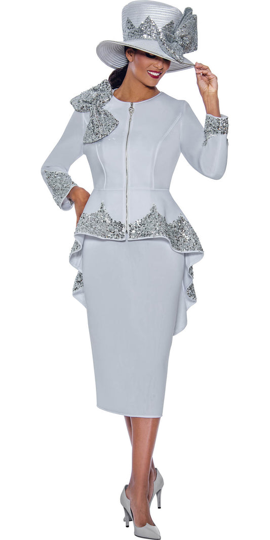 GMI - 10042 - White - Embellished Scuba Fabric High Low Skirt Suit with Embellished Shoulder Bow