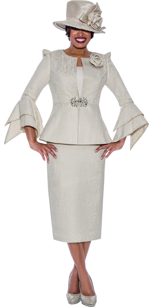 GMI - 10163 - Champagne - 2PC Jacquard Skirt Suit with Jewel Clasp and Layer Split Flare Cuffs