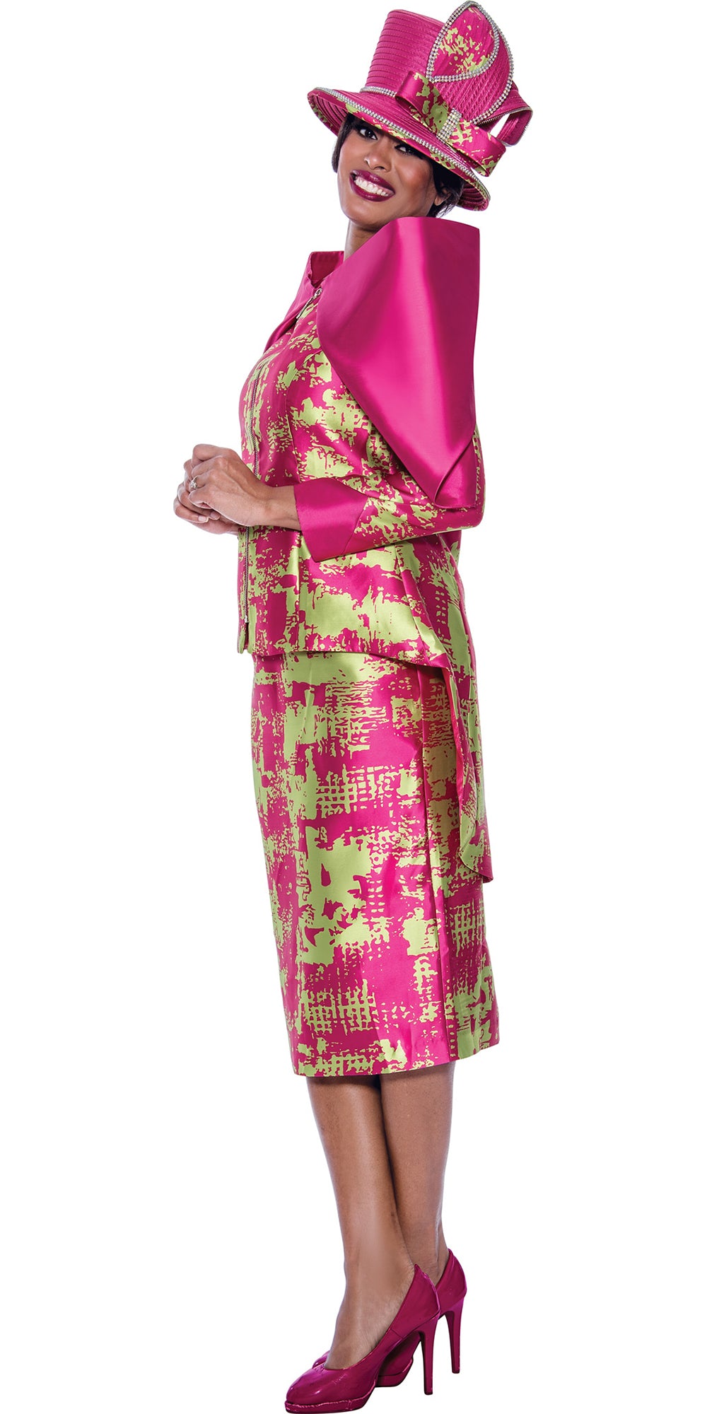 GMI - 10172 - Pink Lime - 2PC Print Twill Peak Shoulder Portrait Collar Skirt Suit