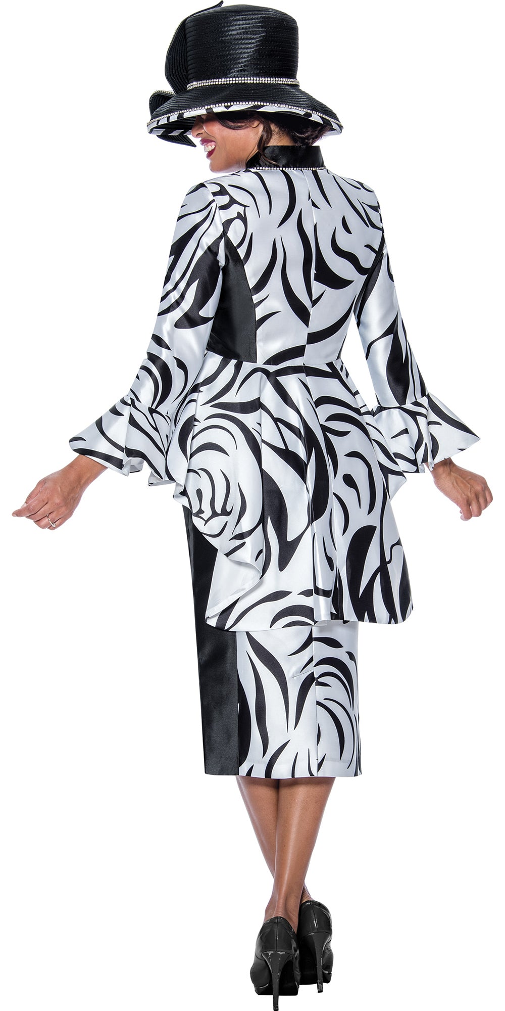 GMI - 10182 - Black White - 2PC High Low Peplum Skirt Suit