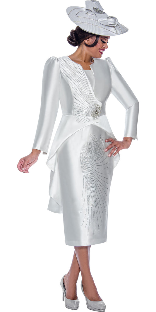 GMI - 10212 - White - 3PC Silky Twill Skirt Suit with Jewel Clasp and Spiral Rhinestone Detailing