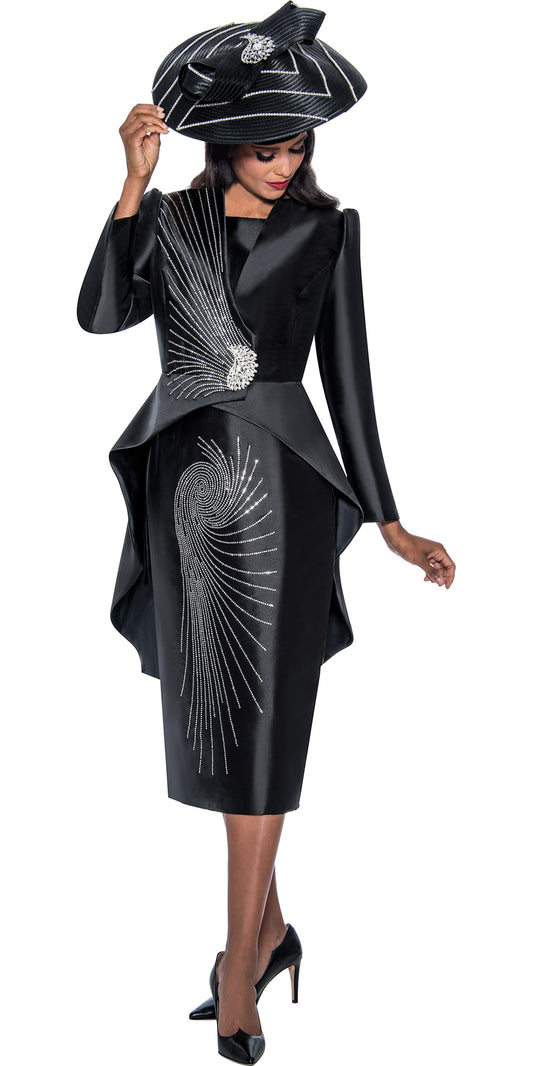 GMI - 10212 - Black - 3PC Silky Twill Skirt Suit with Jewel Clasp and Spiral Rhinestone Detailing