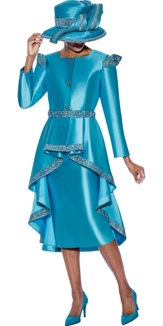 GMI - 10232 - Blue - 2 PC Silky Twill High Low Skirt Suit with Embellishments