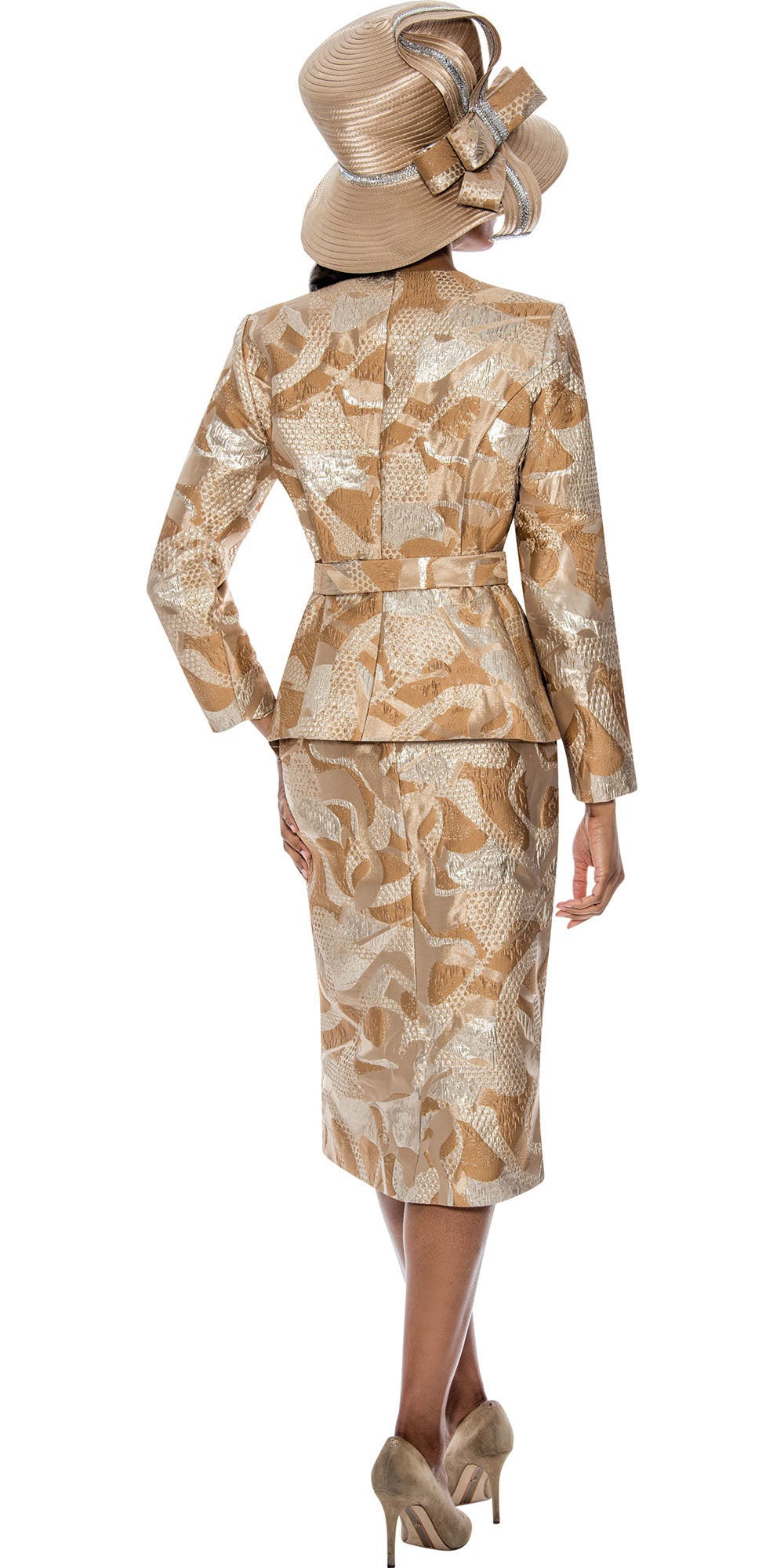 GMI 400792 - Champagne - Two Toned Belted Jacquard Skirt Suit