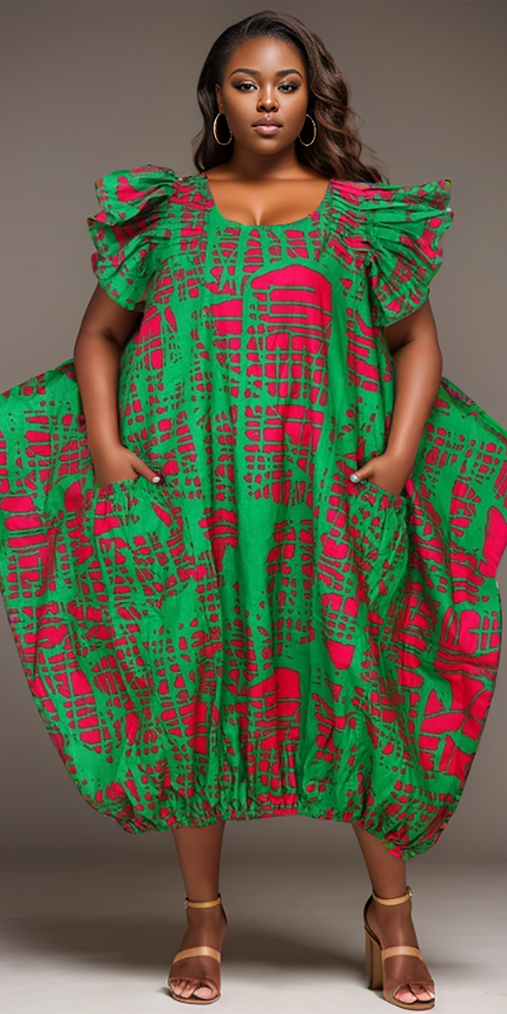 KaraChic 7745 - 594 - African Print Elastic Hem Dress with Pockets
