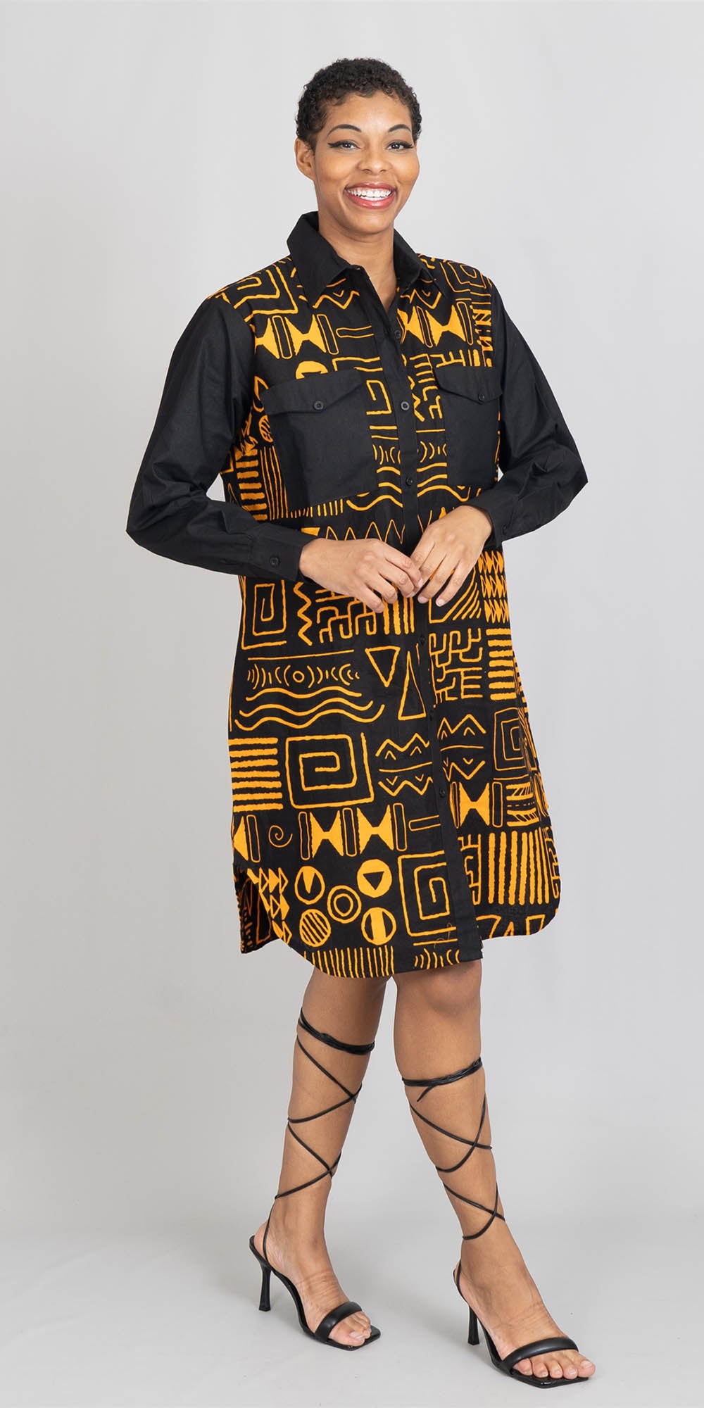 KaraChic 7755A-593 - Long Sleeve African Print and Solid Dress