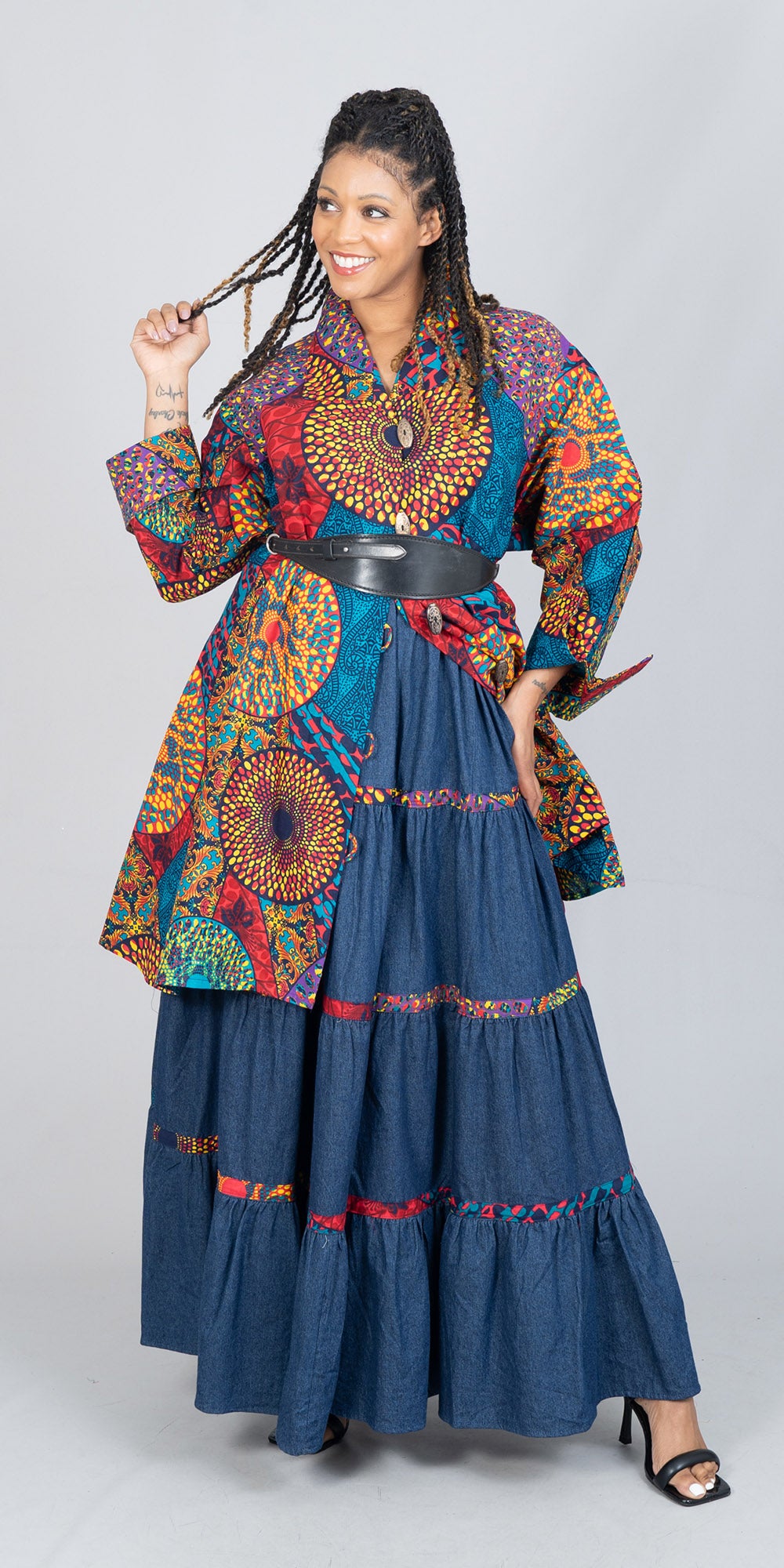 KaraChic 7780D-602 - African Print Trim Tiered Denim Maxi Skirt