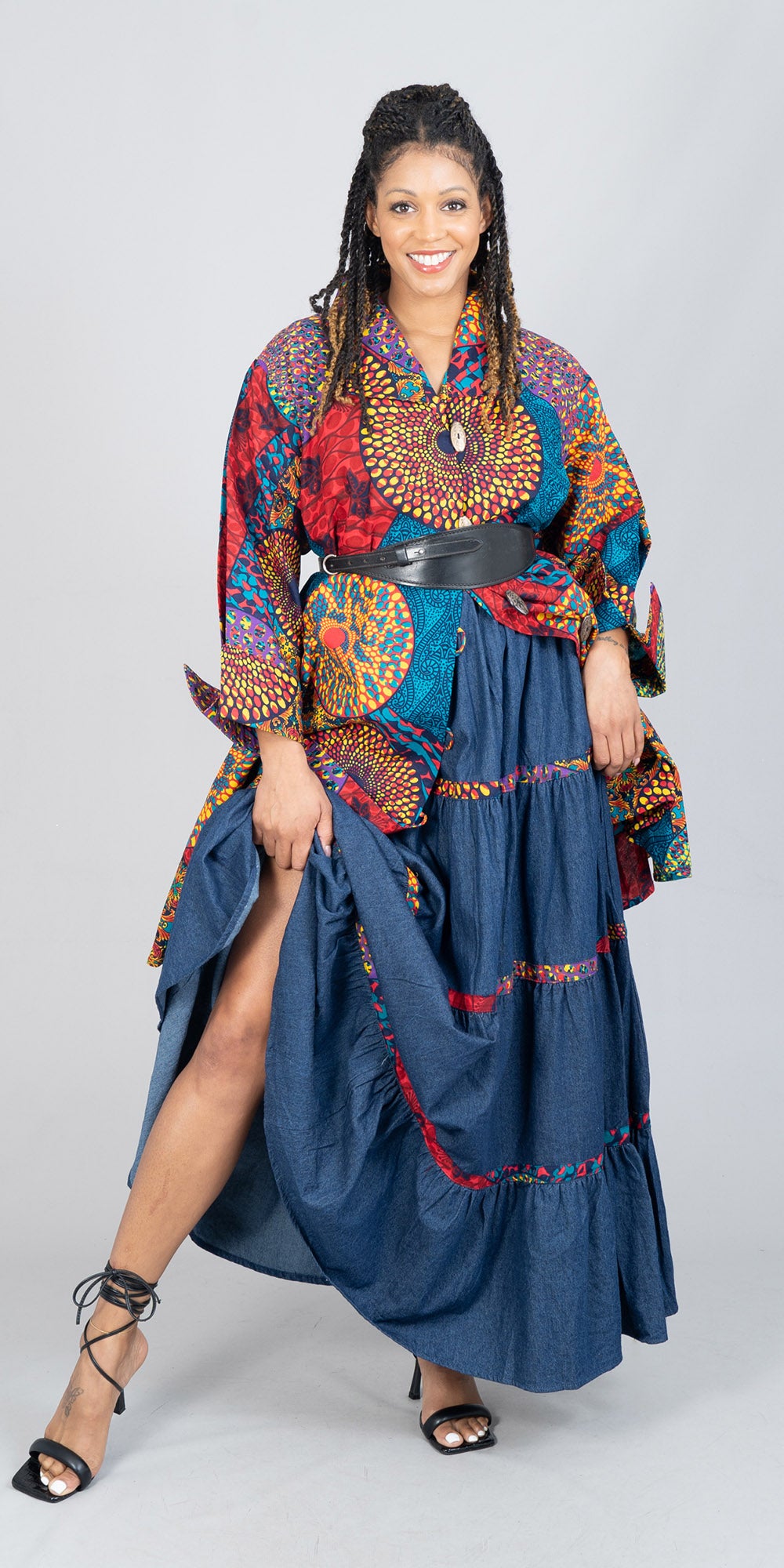 KaraChic 7780D-602 - African Print Trim Tiered Denim Maxi Skirt