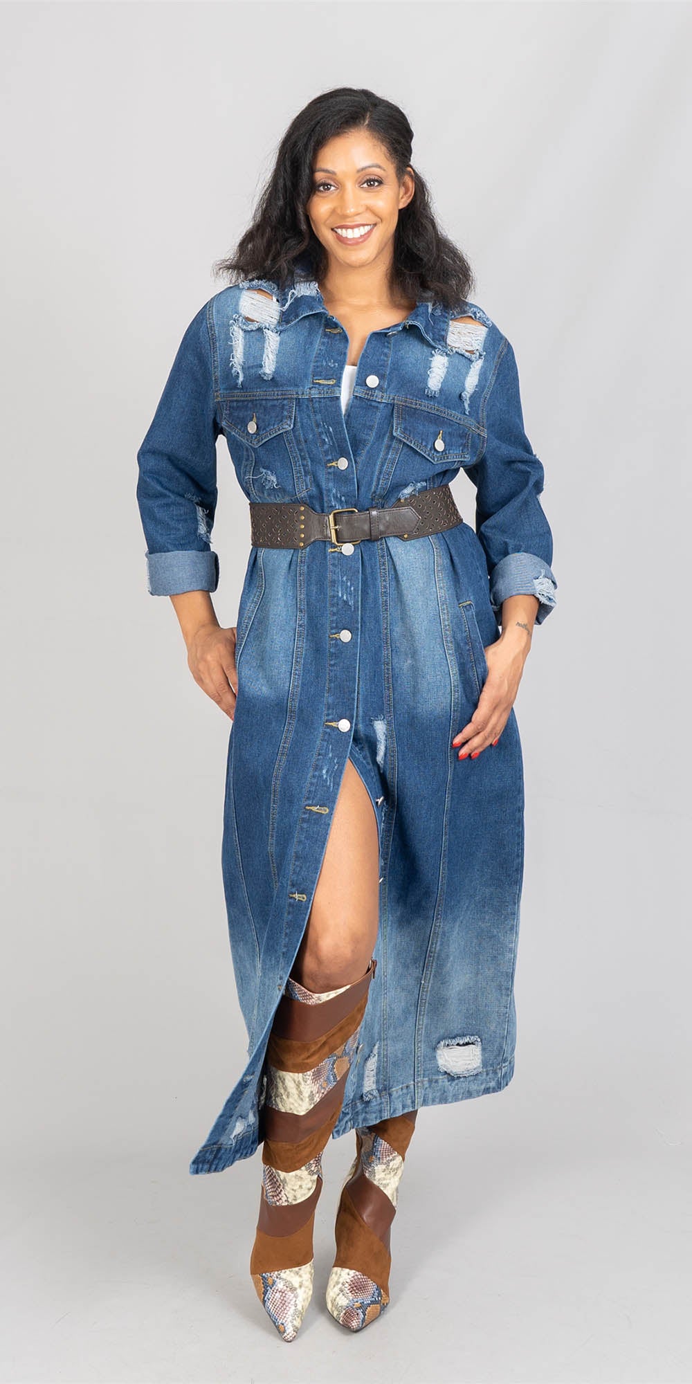 KaraChic CHH22156 - Dark Denim - Distressed Denim Jacket