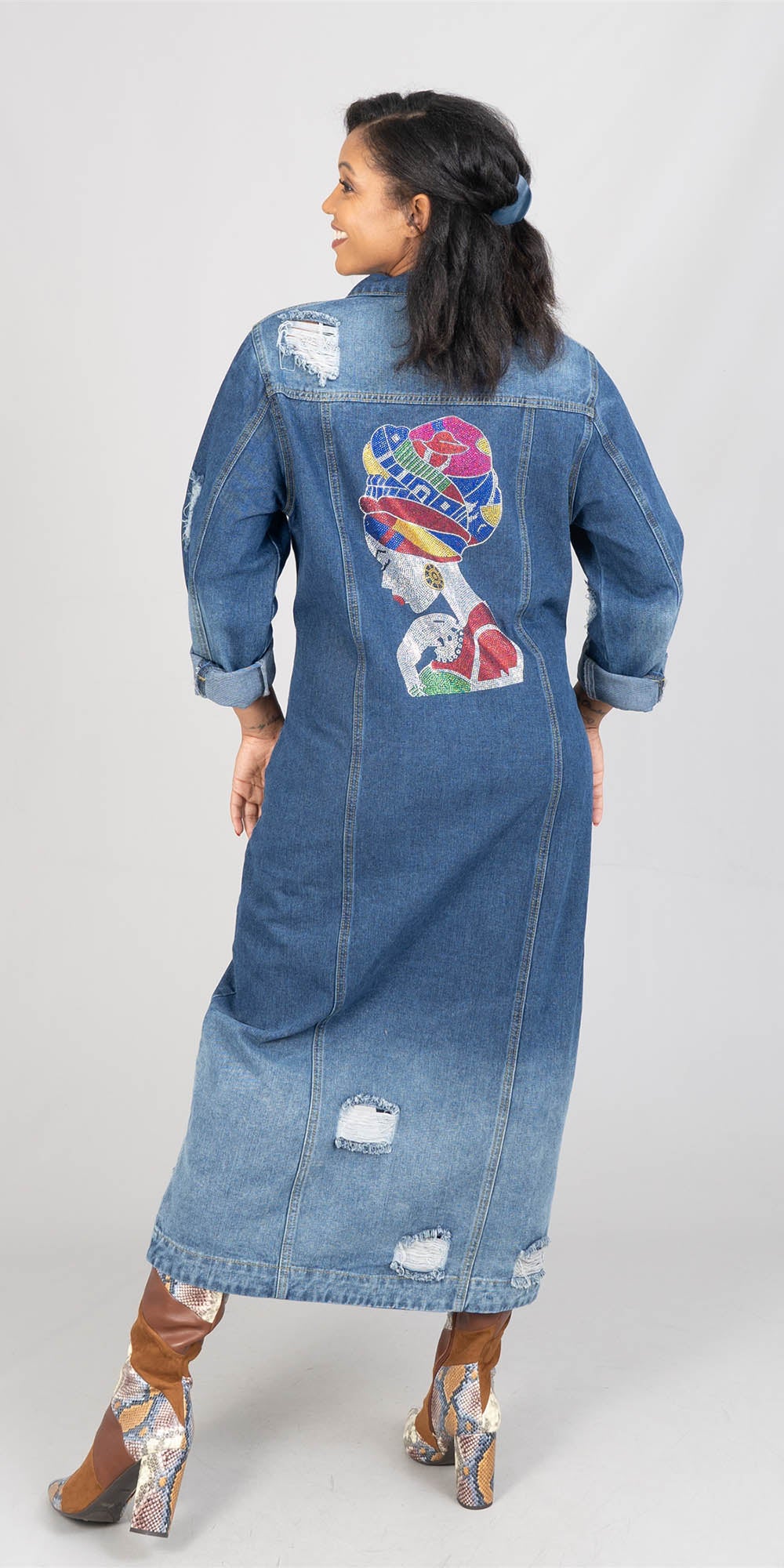 KaraChic CHH22157 - Dark Denim - Rhinestone Graphic Distressed Denim Jacket