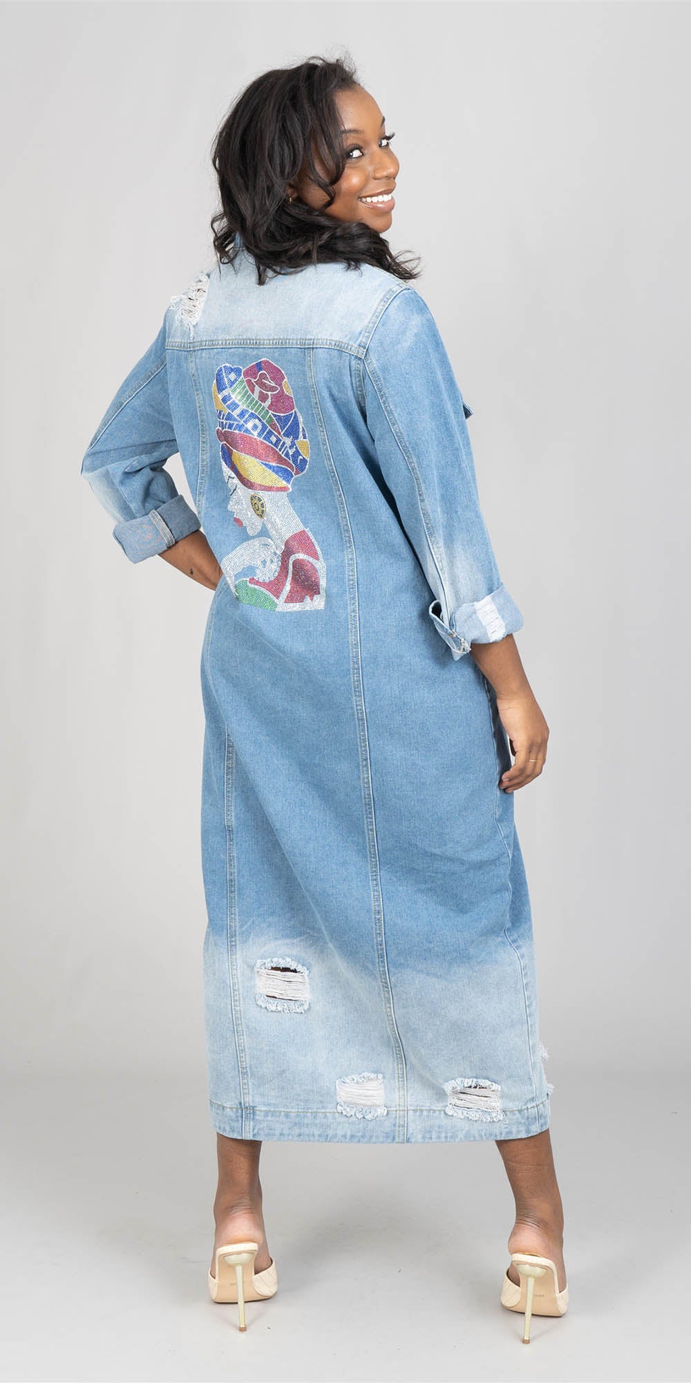 KaraChic CHH22157 - Light Denim - Rhinestone Graphic Distressed Denim Jacket