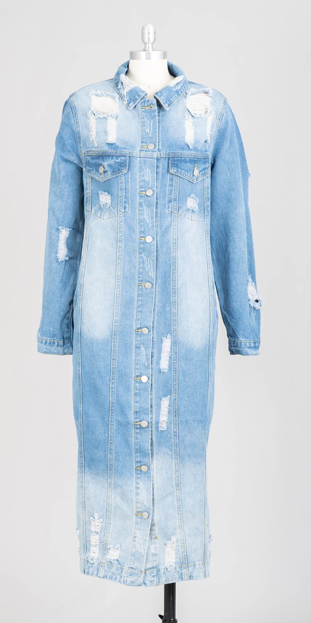 KaraChic CHH22157 - Light Denim - Rhinestone Graphic Distressed Denim Jacket