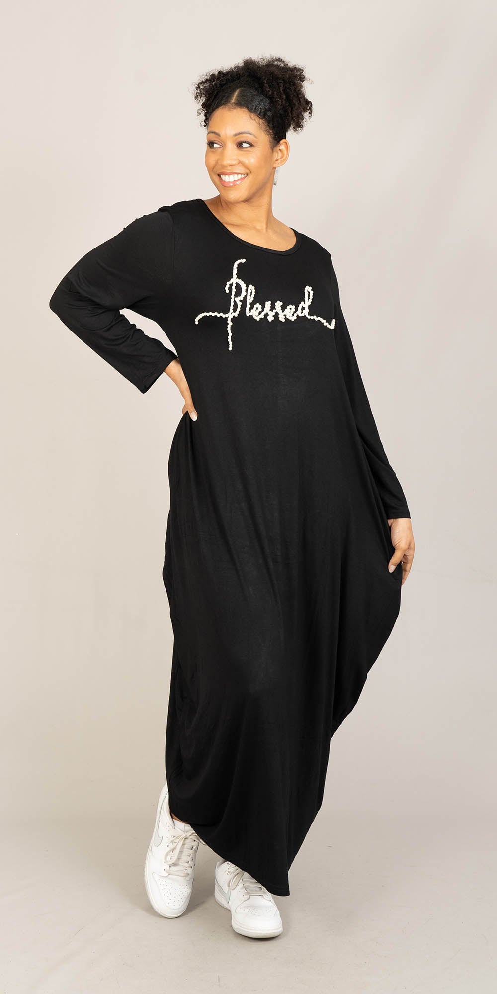 KaraChic CHH23053LS - Black - Blessed Pearl Embellished Knit Maxi Dress