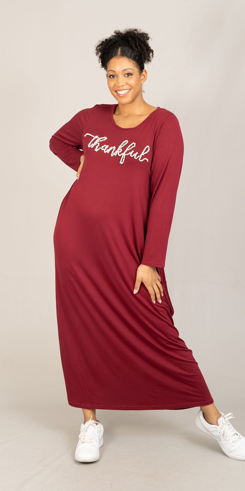 KaraChic CHH23054LS - Burgundy - Thankful Pearl Embellished Knit Maxi Dress