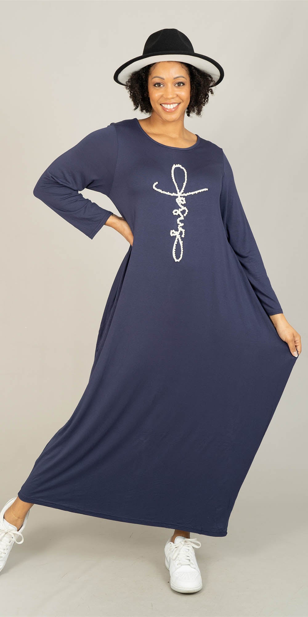 KaraChic CHH23055LS - Navy - Pearl Embellished Knit Maxi Dress
