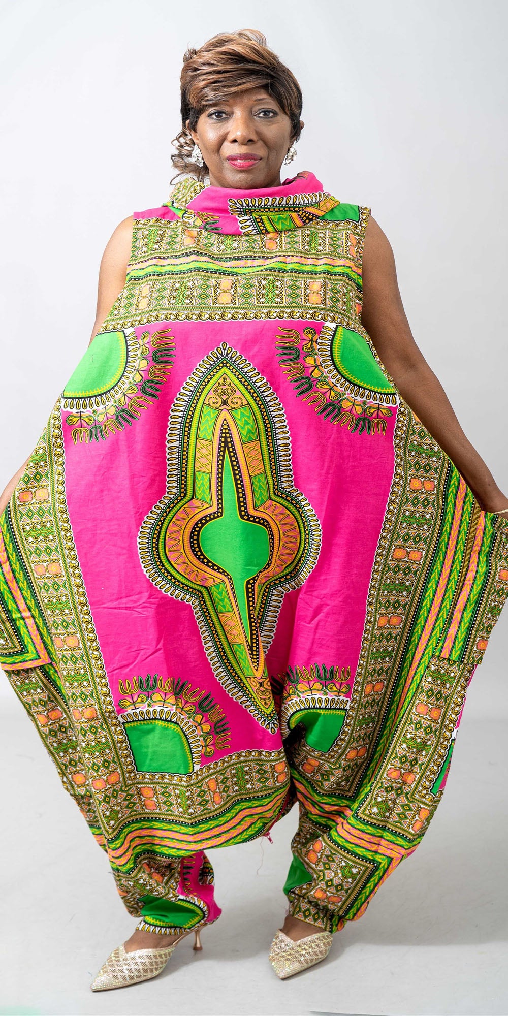 Karachic 251DAS Pink Green Dashiki Print Convertible Jumpsuit Dres ExpressURWay.Shop